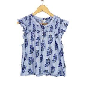 Lucky Brand Ruched Flutter Sleeve Blue Top